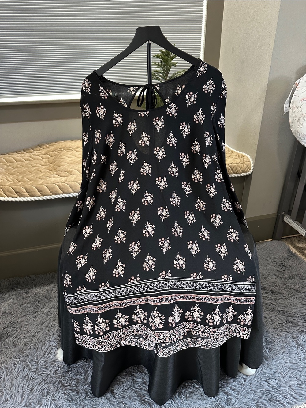 Xhilaration Black Floral Border Tie-Back Long Sleeve Dress with Pink Accents